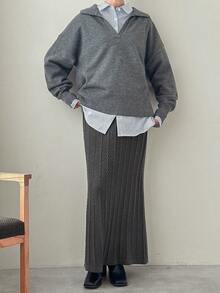 FRIFUL 女士弹力腰时尚休闲百搭针织鱼尾半身裙，秋冬款 - 灰色 - 查看 4