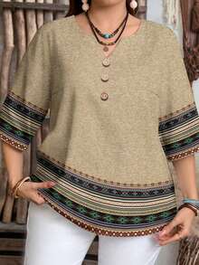 EMERY ROSE Plus Size Women V-Neck Striped Casual Versatile Commute Vacation Long Sleeve Shirt Spring - Apricot - View 5