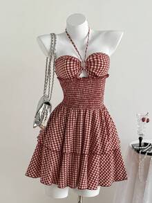 Elamini 红色提花格纹无袖镂空收腰荷叶边迷你连衣裙，女士春夏款，适合度假、复古、优雅、通勤、约会等场合，简约百搭。 - 紅色 - 查看 6
