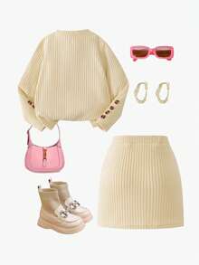 Elladie kids 2pcs/Set Young Girls Pink Textured Long Sleeve T-Shirt And Textured Button Skirt Girls Ribbed Set Girl Knit Set Skirt Two Piece Set Kids - Apricot - View 2