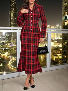 Amorya Women's Elegant Red And Black Plaid Blazer Top & Fish Tail Skirt 2 Pieces Set,Autumn Office Tweed Suit For Christmas,New Year & Valentine's Day Outfit - Multicolor - View 7