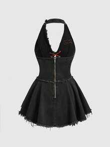 ROMWE Avant 女士复古摩托车风格返校学院风数字英文英国国旗印花牛仔无袖连衣裙 - 黑色 - 查看 2