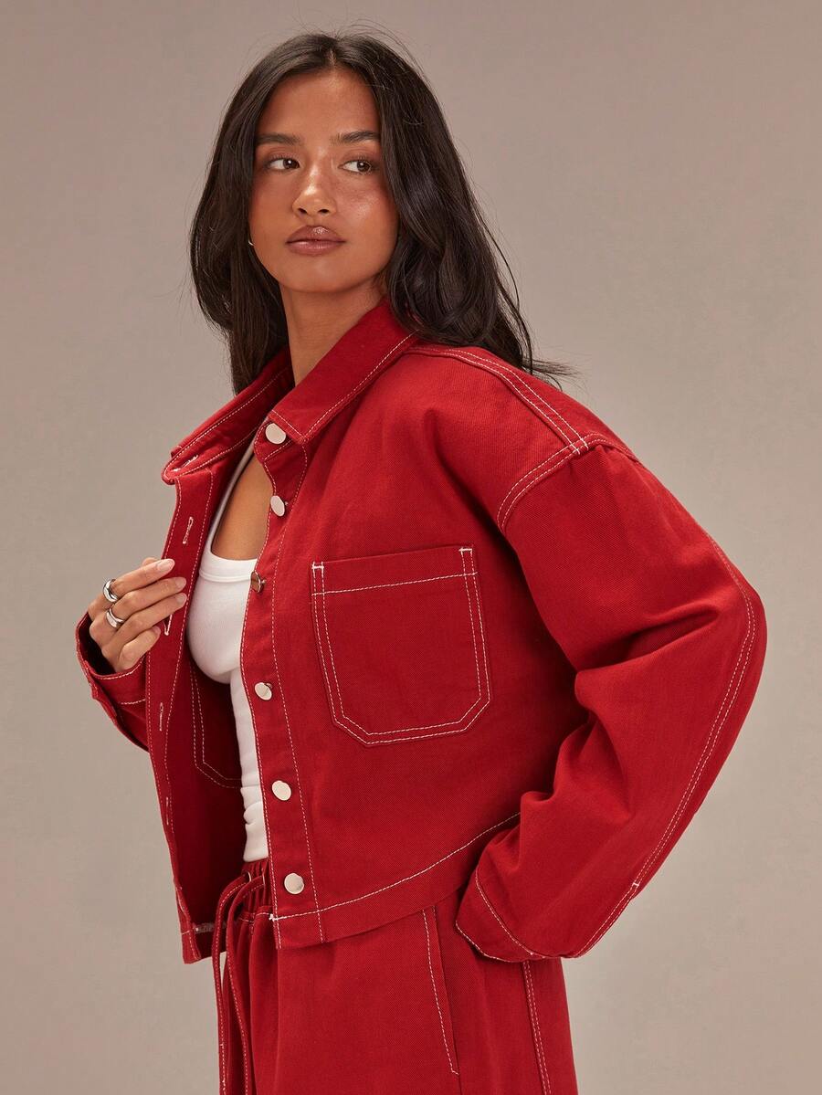 Athîral Denim Women's Red Denim Jacket, Denim Jacket, Red Jacket,Casual Jacket,Loose-Fitting Jacket,Christmas For Women,Winter For Women,Valentine's Day,Valentines For Women,Birthdays For Women,Going Out Tops For Women,Spring Women,Casual Jacket For Women,Red Jacket - Red - View 1