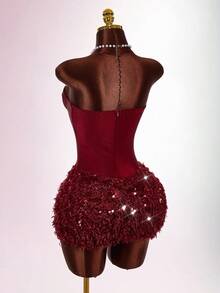 Amplova Women's Sexy Elegant Party Cocktail Dress With Sequin Patchwork And Fluffy Hem, Fitted Strapless Mini Dress - Red Violet - View 8