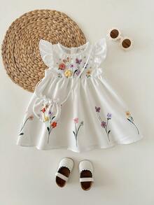 Buy One Get One Free 2-Piece Set Including A Free Crossbody Bag. Cute Baby Girl Woven Embroidered Round Neck Ruffle Hem Dress With Diagonal Shoulder Bag, Sisters Outfit, Suitable For Spring And Summer.