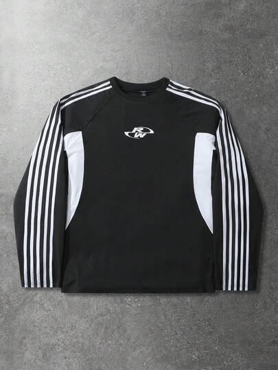 Camiseta casual de manga larga con cuello redondo y rayas para hombres, adecuada para primavera/verano