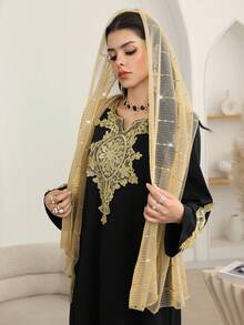 Al Najma 2025新款时尚优雅V领刺绣奢华修身连衣裙 - 黑色 - 查看 7