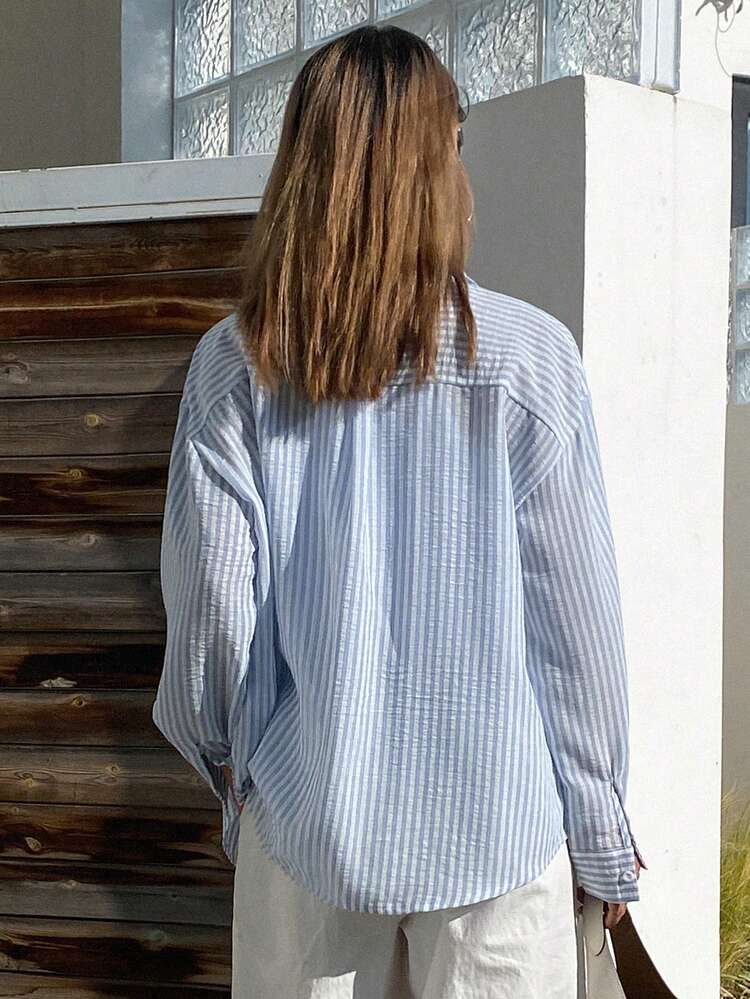 Women's Elegant Formal Blouse With Contrast Striped Pattern Embroidery, Loose Turndown Collar Long Sleeve, Suitable For Spring And Autumn