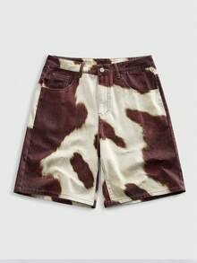 ROMWE MEN Street Life 男士休闲奶牛纹牛仔短裤，时尚街头风，夏季度假必备 - 棕色 - 查看 1