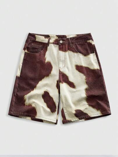 ROMWE MEN 男士休闲奶牛纹牛仔短裤，时尚街头风，夏季度假必备