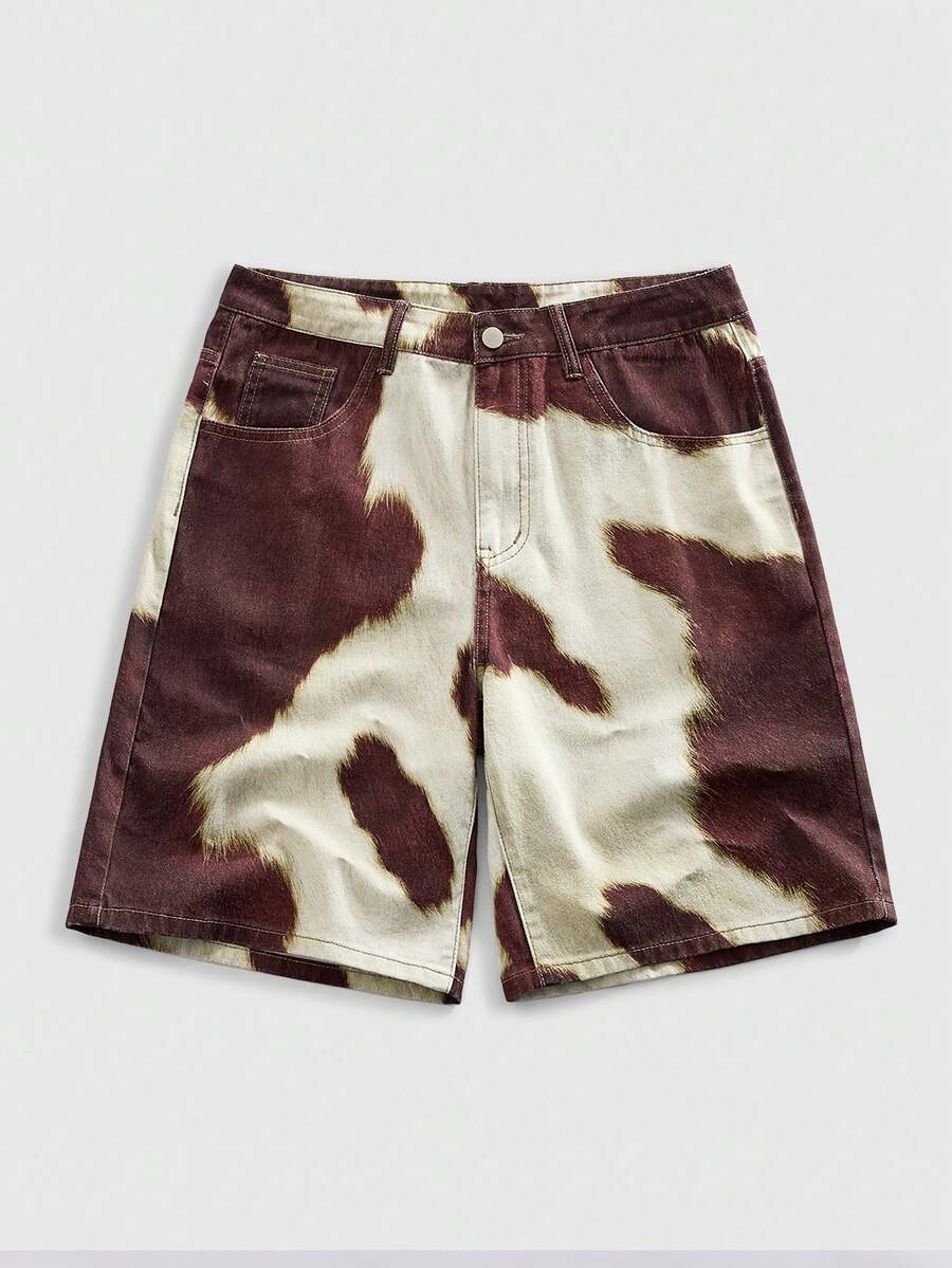 ROMWE MEN Street Life 男士休闲奶牛纹牛仔短裤，时尚街头风，夏季度假必备 - 棕色 - 查看 1