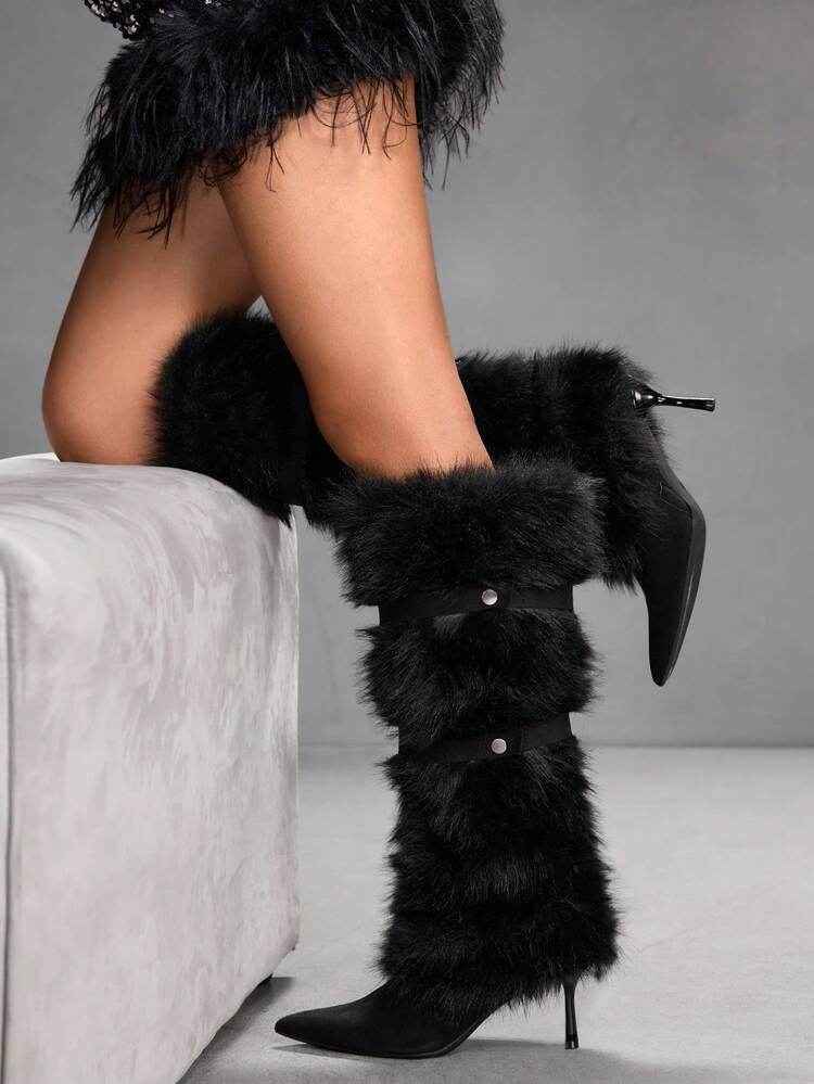 CUCCOO SZL Women's Pointed Toe Faux Fur Patchwork Knee-High Heeled Boots For Christmas Spring Shoes