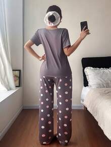 SHEIN Oversized Bow, Polka Dot Print Short Sleeve Pants Women PJS PJSs For Women Round Neck Polka Dot PJS Curve PJS PJS For Woman Women Sleep Wear Set - Multicolor - View 2