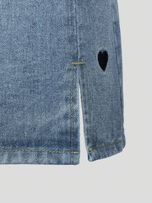 少女牛仔裤，夏季新品，中蓝色，休闲舒适，爱心刺绣，修身款式，柔软棉质牛仔布，适合日常穿着，少女牛仔裙 - 中等水洗藍 - 查看 6