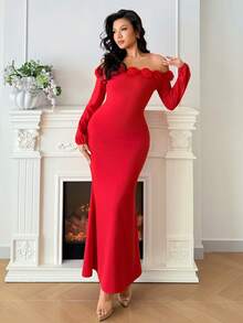 Rafferiza Đầm dài tay trễ vai họa tiết hoa ôm sát, trang phục Valentine thời trang và gợi cảm cho nữ, đầm thanh lịch cho nữ, đầm dài màu đỏ, đầm dạ hội đỏ sang trọng, đầm dự tiệc, đầm trễ vai cho nữ. - Đỏ - Xem 4
