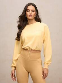 Activina 纯色圆领落肩短款宽松抽绳休闲运动卫衣 - 杏色 - 查看 4