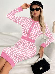 SHEIN Clasi Váy dài tay cổ tròn dệt kim họa tiết răng sói cổ điển thanh lịch dành cho nữ - Màu Hồng baby - Xem 1