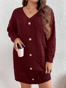 SHEIN LUNE 大码女式休闲落肩纽扣针织毛衣连衣裙，秋冬款 - 酒紅色 - 查看 3