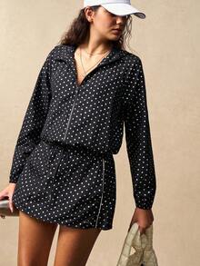 VARSIVA Women's Black And Silver Polka Dot Print Zipper Casual Back Hooded Long-Sleeve Sports Jacket.