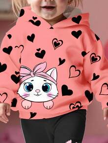 SHEIN Happikins 2pcs Baby Girl Casual Cute Cat Heart Print, Bow Decor Loose Fit Letter Graphic Pullover Hoodie And Pants Set, Sweet & Minimalist Fall Winter - Multicolor - View 3