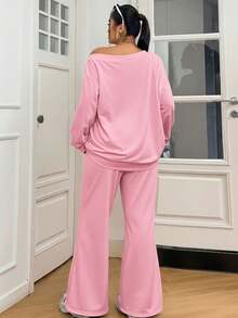 Solflare Bộ 2 món/Bộ áo hở vai và quần dài thường ngày cỡ lớn cho nữ, màu hồng - Hồng - Xem 2