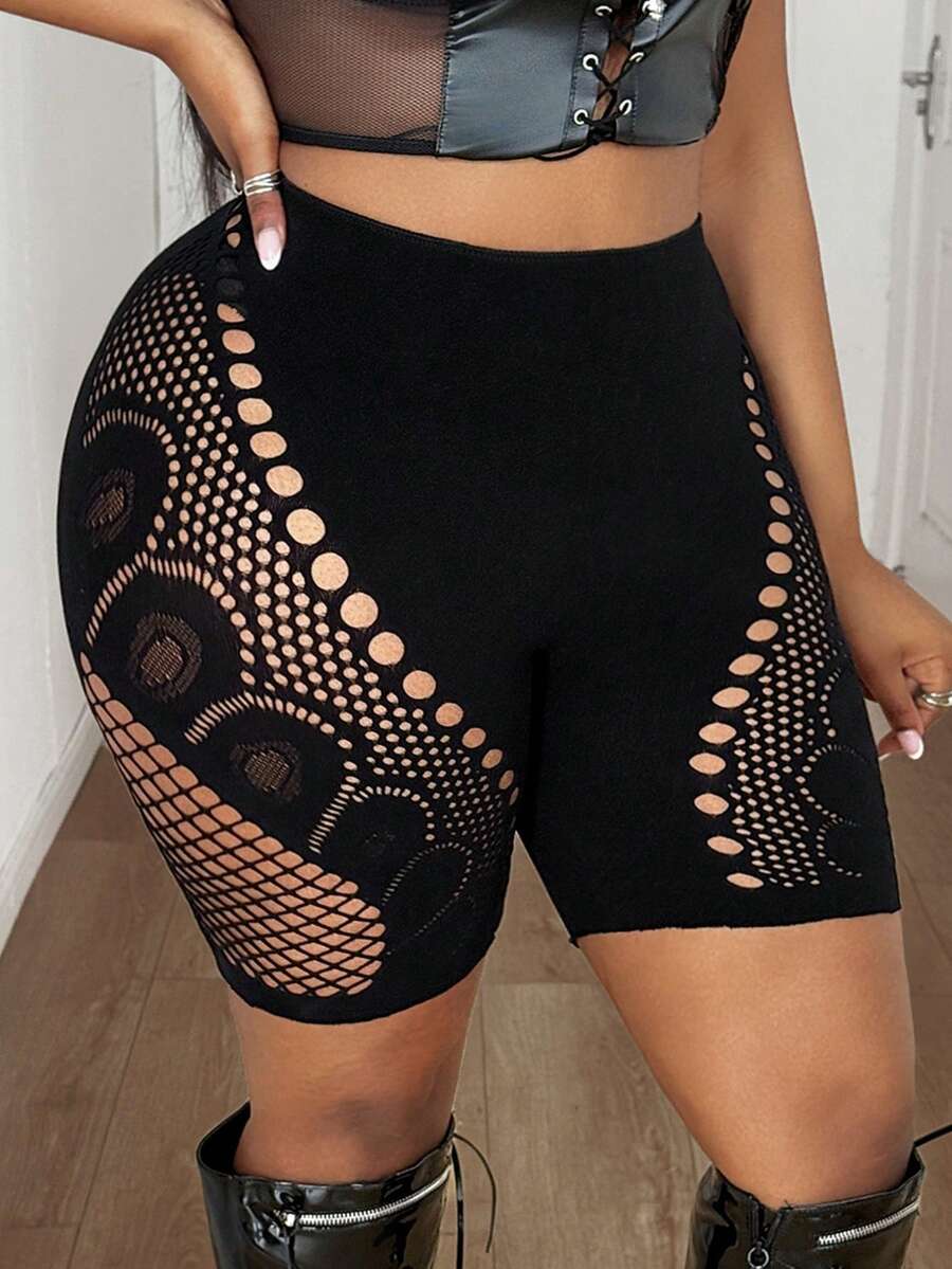 Maweii 大码女士性感镂空紧身短裤，日常穿着 - 黑色 - 查看 1