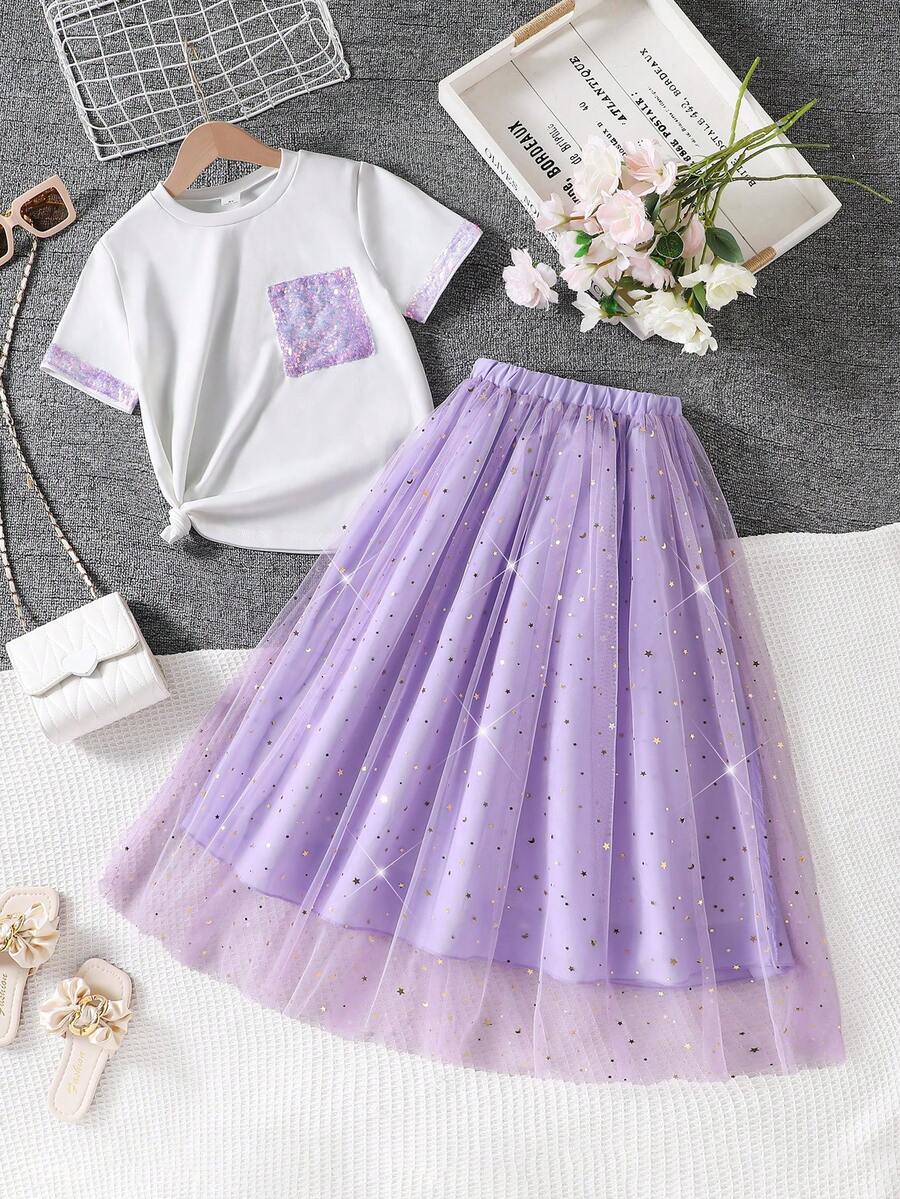 Sparklyn 2pcs/Set Tween Girls Spring/Summer Casual Rhinestone Decor Round Neck Short Sleeve Top Tee And Elegant Shiny Mesh Skirt - Mauve Purple - View 1