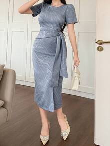 DAZY 女士优雅圆领短袖连衣裙 - 灰色 - 查看 1