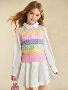 Sparklyn 春秋马卡龙拼色条纹纹理无袖圆领可叠穿毛衣背心女童款，常规厚度，适合日常休闲、上学、户外、聚会场合 - 彩色 - 查看 6