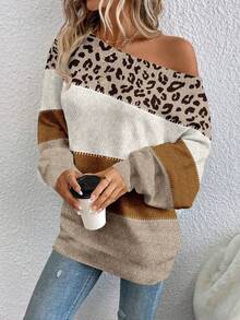EMERY ROSE Plus Size Women Leopard & Striped Patchwork Off-Shoulder Fashionable Versatile Long Sleeve Sweater, Suitable For  Spring, - Multicolor - View 3