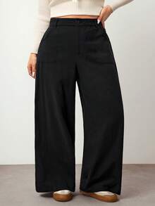 Enliva 秋冬大码简约休闲纯色斜口袋直筒西装裤 - 黑色 - 查看 5