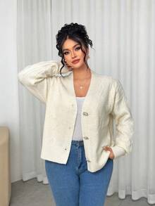Elenzga Christmas Women's Casual Loose Fit Long Sleeve Plus Size Cardigan Sweater, Outerwear, Suitable For Dates, Weddings, And Other Occasions, Autumn/Winter - Apricot - View 1