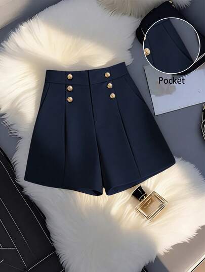 GlowEve CURVE Plus Size Elegant Metal Buckle Pocket Casual Shorts, Suitable For Spring, Summer, Autumn Navy Blue Shorts Elegant Shorts Shorts Suits For Woman Short Outfits Sailor Outfit Women