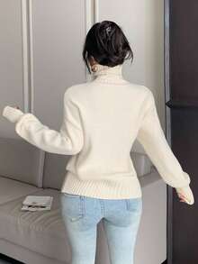 DAZY Suéter elegante de mujer de unicolor con cuello asimétrico, otoño/invierno - Beis - Ver 2