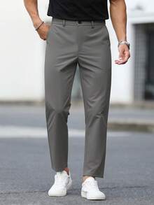 Calvornis Solid Color Casual Pants With Pockets And Belt Loops, Versatile For Daily Wear - Grey - View 4