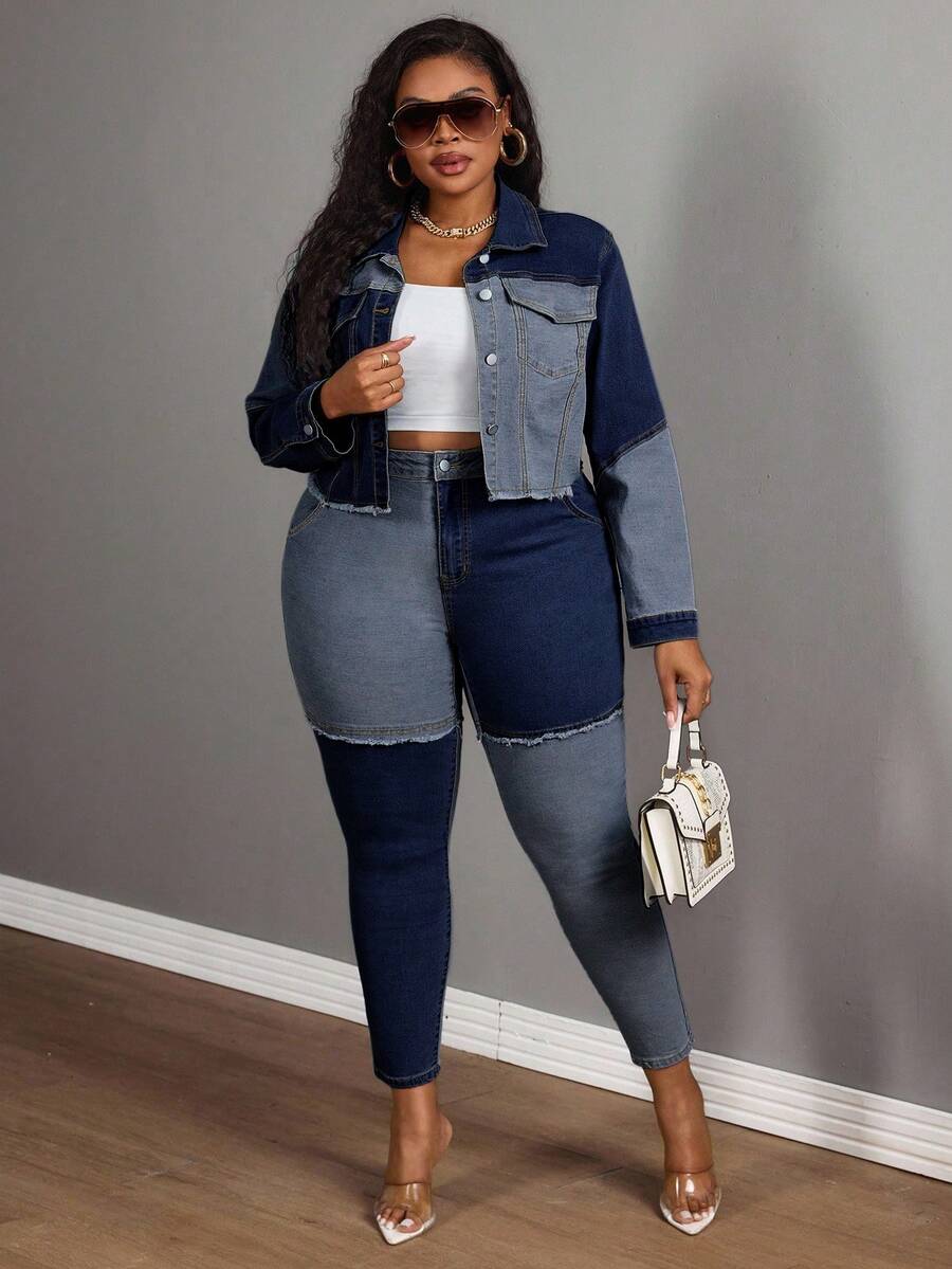 Slaydiva Plus Size Women Cowgirl Blue Denim Patchwork Elastic Short Jacket, Rodeo - Dark Wash - View 1