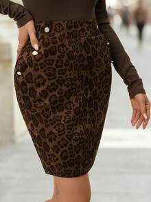 Editum 女士优雅仿皮口袋金属扣半身裙，适合通勤、日常休闲穿着，夏季 - 棕色 - 查看 4