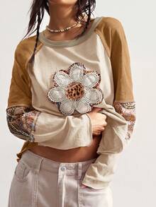 Bohemela 秋冬波西米亚风度假休闲拼接长袖宽松水洗女式印花T恤 - 杏色 - 查看 7