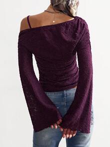 Bohemela 女士优雅不对称露肩上衣，配有可调节肩带，针织蕾丝柔软弹力长袖喇叭袖衬衫，女士休闲纯色针织蕾丝露肩长袖常规上衣，圣诞节女士红色上衣，酒红色上衣，女士优雅衬衫 - 紫色 - 查看 7