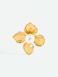 Opalesca 1 Pc Fashionable & Elegant Flower Pearl Inlaid Women Brooch Pin, Suitable For Coat,Outfits,Old Money,Wedding/Bridal Accessories,Western Jewelry,Fairycore/Fairy,Charm Necklace,Pearl,Elegant,For Mom/Women/Girl/Mother - Gold - View 4