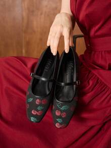 MOTF PREMIUM WOMEN CHERRY JACQUARD SQUARE TOE FLATS VALENTINE'S DAY - Black - View 7