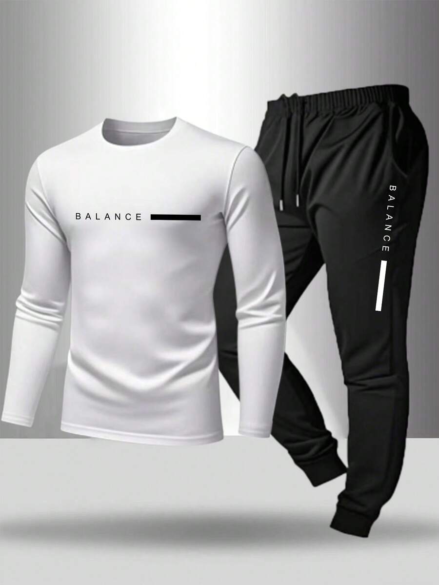 Manfinity Sport Corelite 男士字母印花T恤和运动裤套装两件套健身服男士套装长袖健身套装训练套装 - 白色 - 查看 1