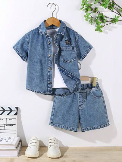 Young BoyDenim Set, New Arrival, Casual Fashion Retro Washed Blue Comfortable Cotton Short Sleeve Shorts Denim Set, Suitable For Daily Outings 2 Piece Denim Sets Toddlers Short Sets Blue Jean Kids Denim Sets