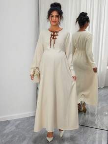 Momance Maternity Elegant Bow Contrast Color A-Line Long Sleeve Dress - Apricot - View 5