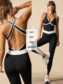 VARSIVA 女式深V领撞色滚边十字交叉露背镂空系带连体裤 - 彩色 - 查看 2