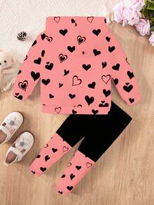 SHEIN Happikins 2pcs Baby Girl Casual Cute Cat Heart Print, Bow Decor Loose Fit Letter Graphic Pullover Hoodie And Pants Set, Sweet & Minimalist Fall Winter - Multicolor - View 2
