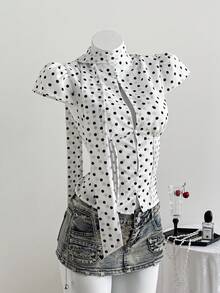 Elamini 两件套女士夏季白色波点印花立领纽扣前襟褶裥腰部泡泡袖衬衫及腰带套装，春夏时尚，适合教师、返校、毕业典礼等场合，优雅简约可爱，日常百搭。 - 白色 - 查看 4