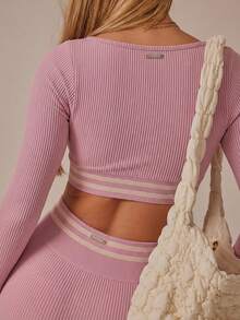 Aralina 休闲无缝双色罗纹长袖褶皱双层背心上衣和紧身裤两件套，适合运动健身锻炼。 - 粉色 - 查看 4