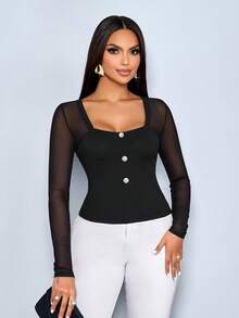 SOLERSUN 秋冬女装：优雅时尚，日常穿着的理想之选。黑色拼接面料，网眼罗纹针织面料，长袖，方领，装饰纽扣T恤。 - 黑色 - 查看 7