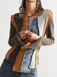 Bohemela 休闲针织弹力撞色圆领长袖女式T恤，纯色针织，百搭领口设计，修身水洗长袖女式T恤，秋季女装 - 彩色 - 查看 3